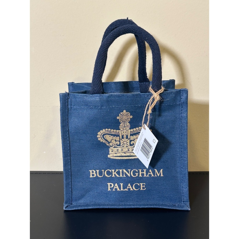 Buckingham Palace Mini Jute Tote Bag Navy Blue Gold Crown Souvenir Gift Bag NEW